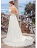 Cold Shoulder Beaded Ivory Lace Chiffon Boho Summer Wedding Dress